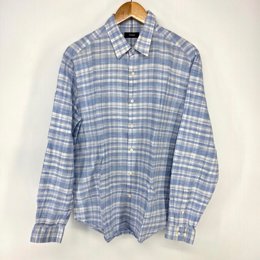 Theory Button Down Shirt Mens L Blue Sylvain Savanna Plaid Linen H0473554